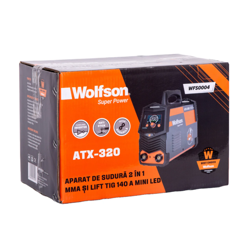 Aparat de sudura cu electrod Wolfson ATX-320 cu Inverter 2 in 1 MMA si LIFT-TIG, 140Ah + Masca de sudura automata, coltare magnetice de sudura