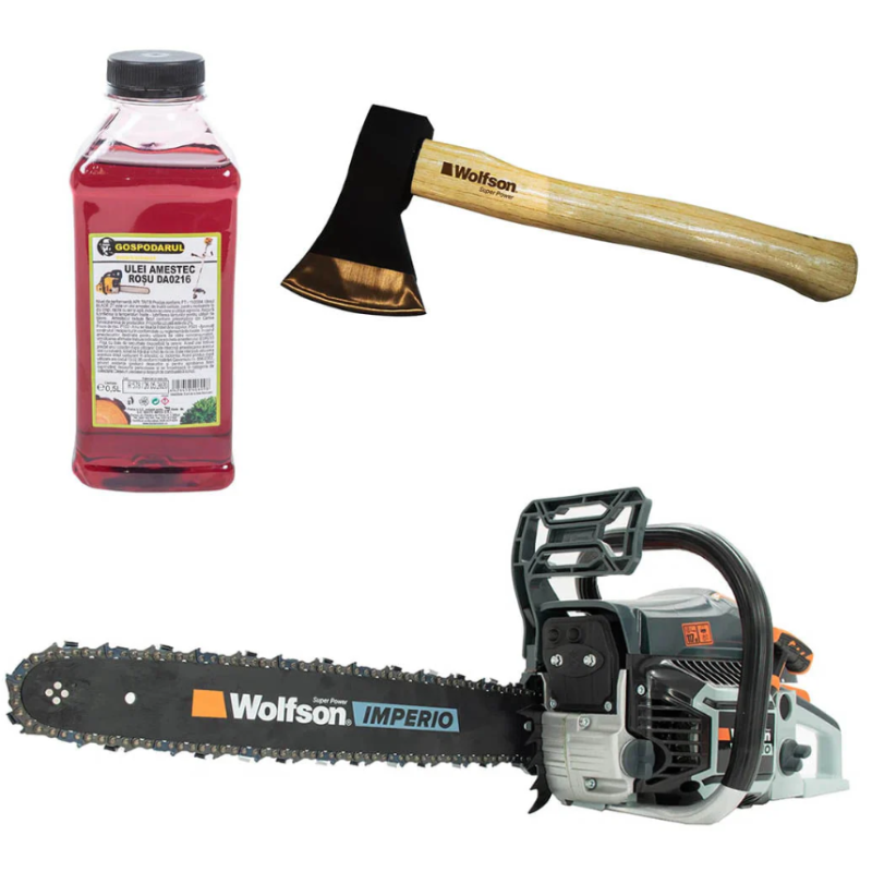 Drujba pe benzina WOLFSON IMPERIO 6000 - 3.2 CP, 52cc + ulei amestec 0.5L, toporisca Wolfson 600g