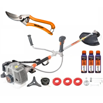 Motocoasa profesionala WOLFSON TRX-620, 2 CP, 8 accesorii, ham confort, 3 sticle de ulei rosu + foarfeca taiere via