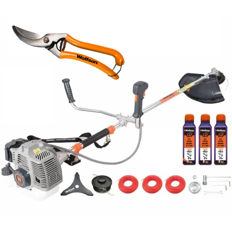 Motocoasa profesionala WOLFSON TRX-620, 2 CP, 8 accesorii, ham confort, 3 sticle de ulei rosu + foarfeca taiere via