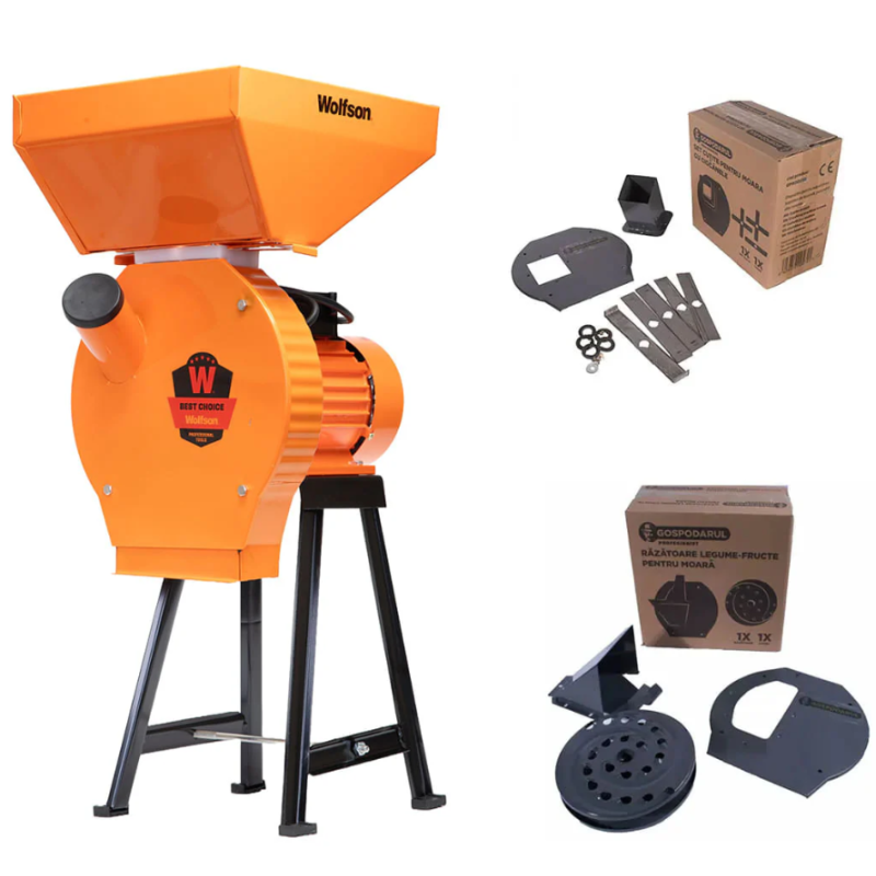 Moara pentru cereale Wolfson cu suport metalic - 2in1, 2700W, 200kg/h + accesoriu furaje, fructe si legume