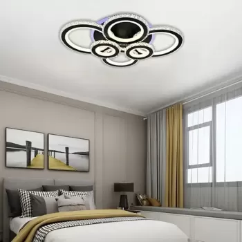 Lustra LED cu telecomanda si cristal NOVA ROTONDA RGB 154W, 6 Cercuri, lumina Rece/Calda/Neutra, Dimabila, Negru