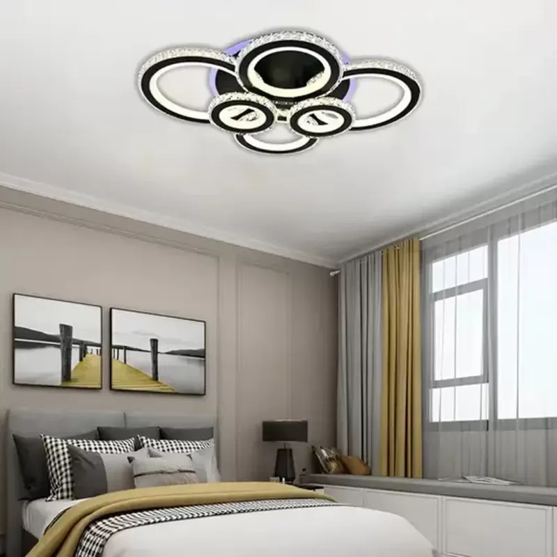 Lustra LED cu telecomanda si cristal NOVA ROTONDA RGB 154W, 6 Cercuri, lumina Rece/Calda/Neutra, Dimabila, Negru