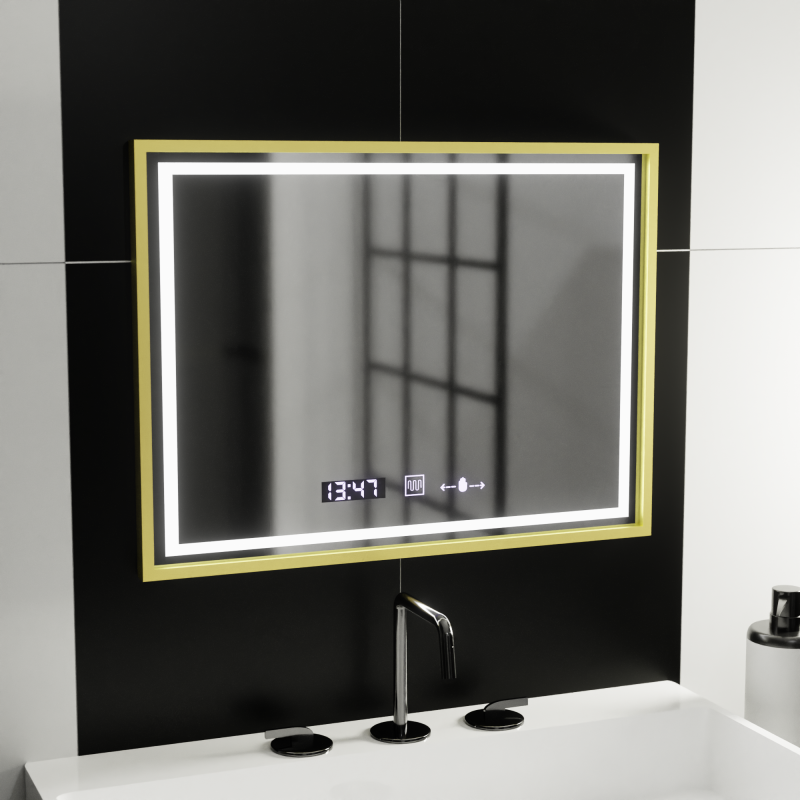 Oglinda LED Rectangulara, 80x60cm, Verite Royale Gold MotionGlow Marcello, Sistem Dezaburire, Ceas & Termometru, Dimabila