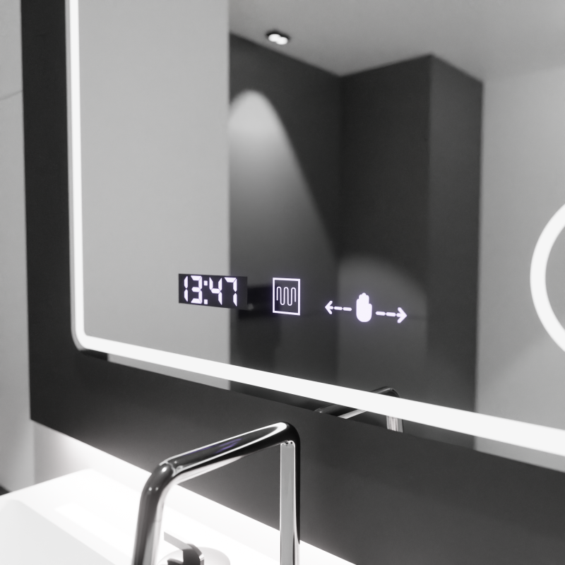 Oglinda LED Rectangulara, 90x75cm, Riflesso MotionGlow Marcello, Sistem Dezaburire, Ceas & Termometru, Lupa Cosmetica, Dimabila