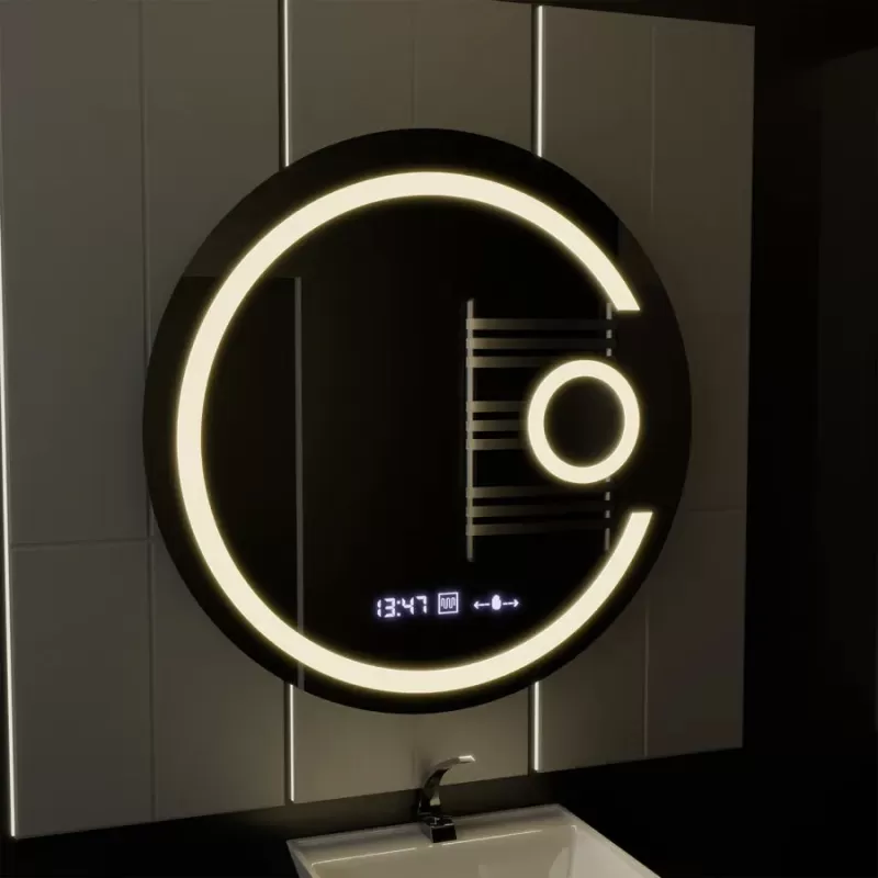 Oglinda LED Rotunda, 70cm, Visio MotionGlow Marcello, Sistem Dezaburire, Ceas & Termometru, Lupa Cosmetica, Dimabila