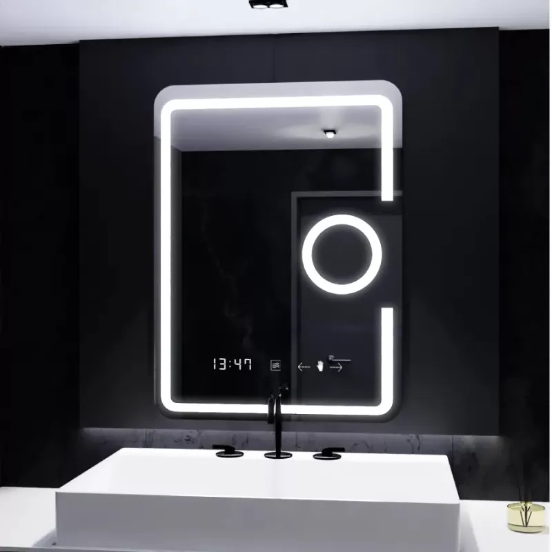 Oglinda LED Rectangulara, 60x80cm, Eclat MotionGlow Marcello, Ceas & Termometru, Sistem Dezaburire, Lupa Cosmetica, Dimabila