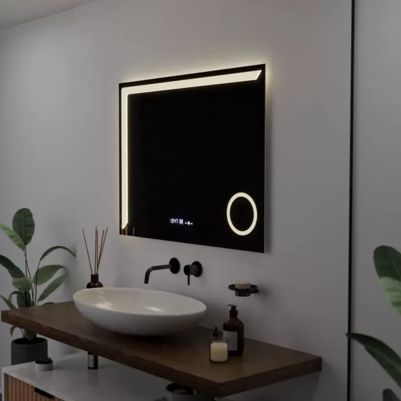 Oglinda LED Rectangulara, 80x60cm, Precision MotionGlow Marcello, Sistem Dezaburire, Ceas & Termometru, Lupa Cosmetica, Dimabila