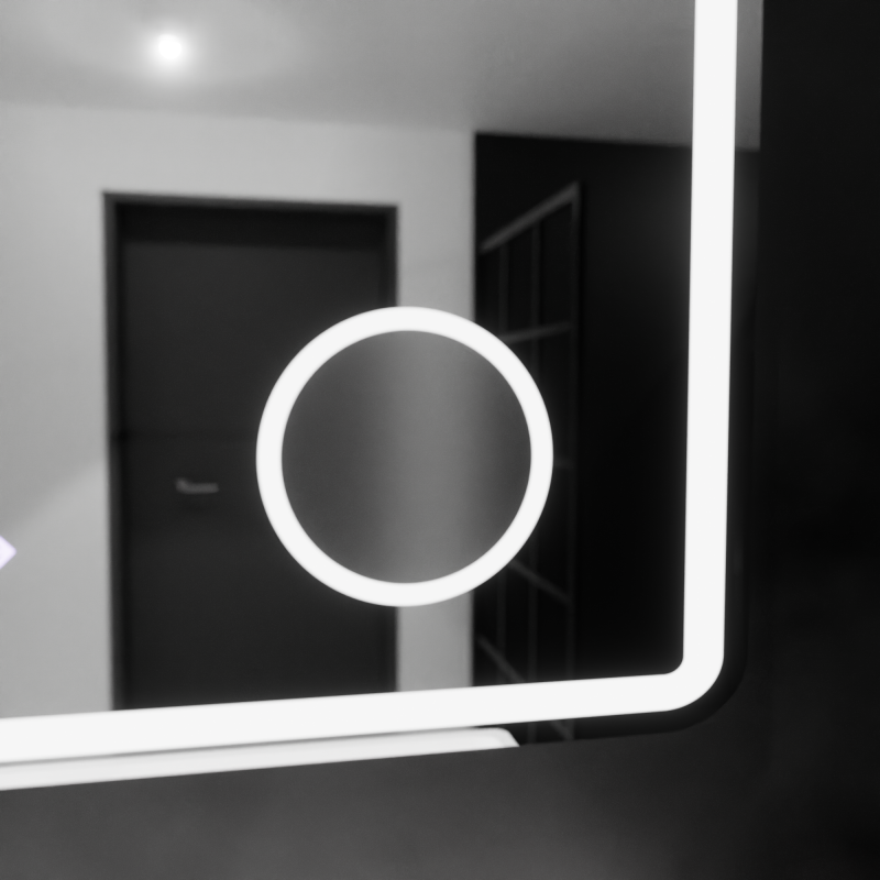 Oglinda LED Rectangulara, 90x75cm, Riflesso MotionGlow Marcello, Sistem Dezaburire, Ceas & Termometru, Lupa Cosmetica, Dimabila