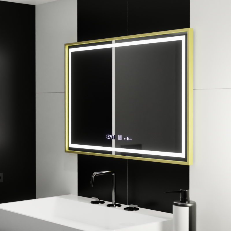 Oglinda LED Rectangulara, 120x80cm, Verite Royale Gold MotionGlow Marcello, Sistem Dezaburire, Ceas & Termometru, Dimabila