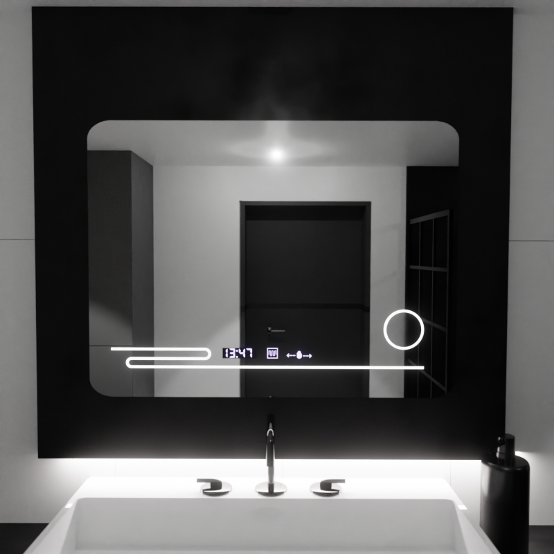 Oglinda LED Rectangulara, 80x60cm, Harmonie MotionGlow Marcello, Sistem Dezaburire, Termometru si Ceas, Lupa Cosmetica, Dimabila
