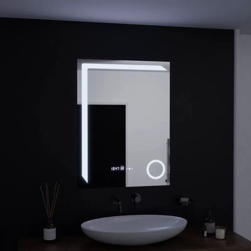 Oglinda LED Rectangulara, 60x80cm, Precision MotionGlow Marcello, Sistem Dezaburire, Ceas & Termometru, Lupa Cosmetica, Dimabila