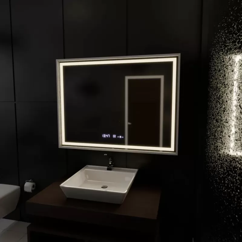 Oglinda LED Rectangulara, 80x60cm, Verite Imperial Silver Motion Glow Marcello, Sistem Dezaburire, Ceas & Termometru, Dimabila