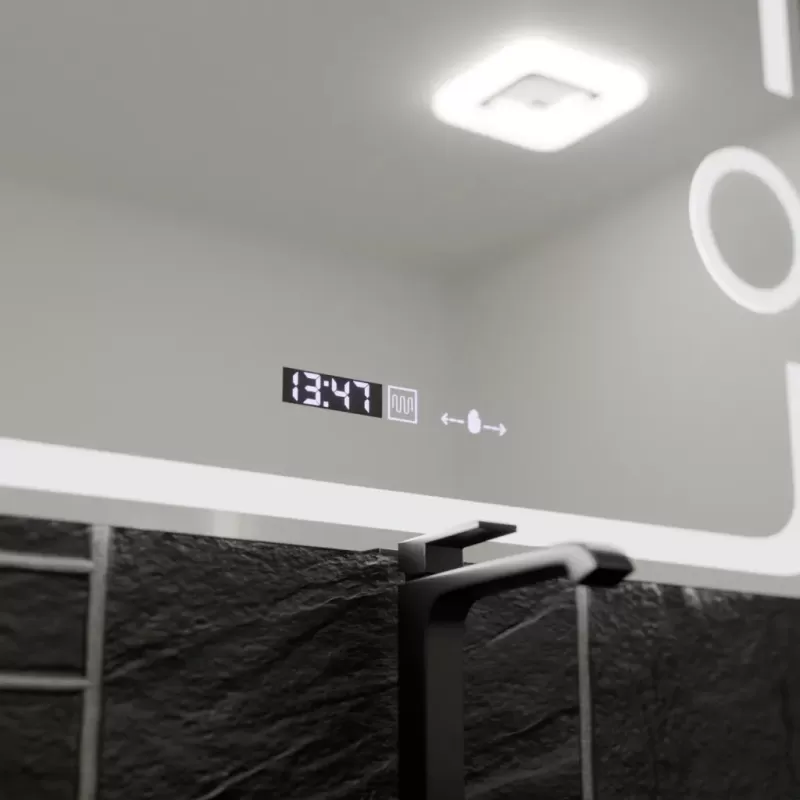 Oglinda LED Rectangulara, 80x60cm, Eclat MotionGlow Marcello, Sistem Dezaburire, Ceas & Termometru, Lupa Cosmetica, Dimabila