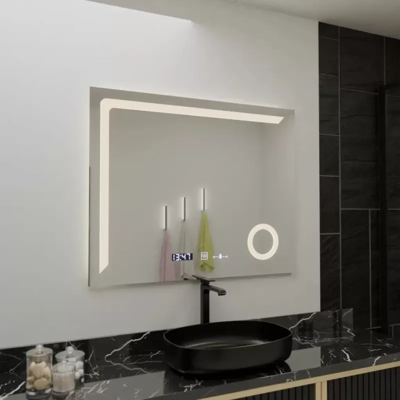 Oglinda LED Rectangulara, 100x80cm, Precision MotionGlow Marcello, Sistem Dezaburire, Ceas & Termometru, Lupa Cosmetica, Dimabila