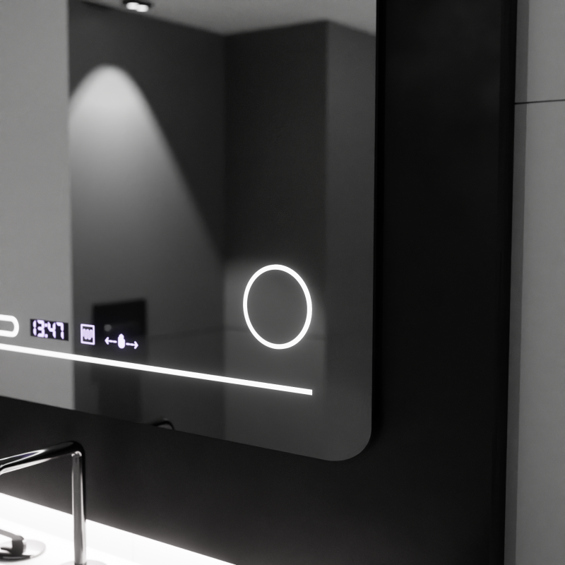 Oglinda LED Rectangulara, 80x60cm, Harmonie MotionGlow Marcello, Sistem Dezaburire, Termometru si Ceas, Lupa Cosmetica, Dimabila