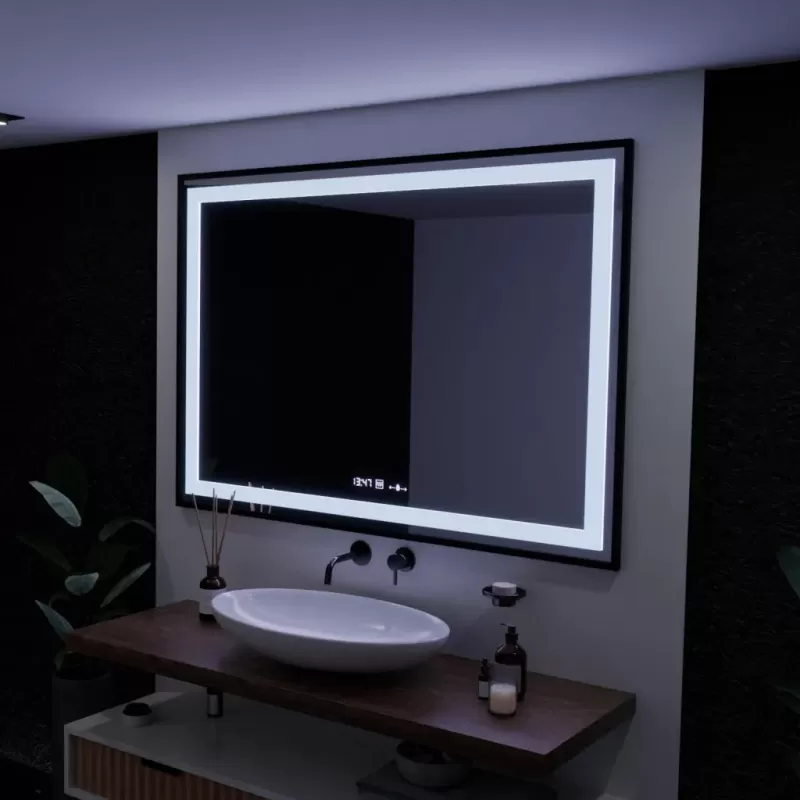 Oglinda LED Rectangulara, 100x70cm, Verite Majeste Noir Motion Glow Marcello, Sistem Dezaburire, Ceas & Termometru, Dimabila