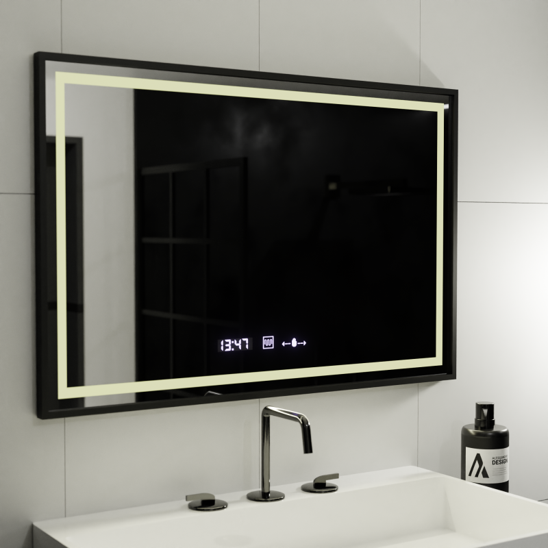 Oglinda LED Rectangulara, 100x80cm, Verite Majeste Noir MotionGlow Marcello, Sistem Dezaburire, Ceas & Termometru, Dimabila