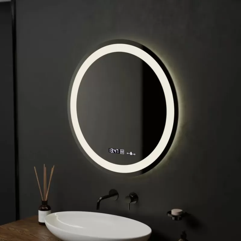 Oglinda LED Senzor MotionGlow Circollo Sistem Dezaburire Termometru si Ceas Rotunda Diametru 60 cm Lumina Rece/Calda/Neutra Dimabila Colectia Marcello Funghi