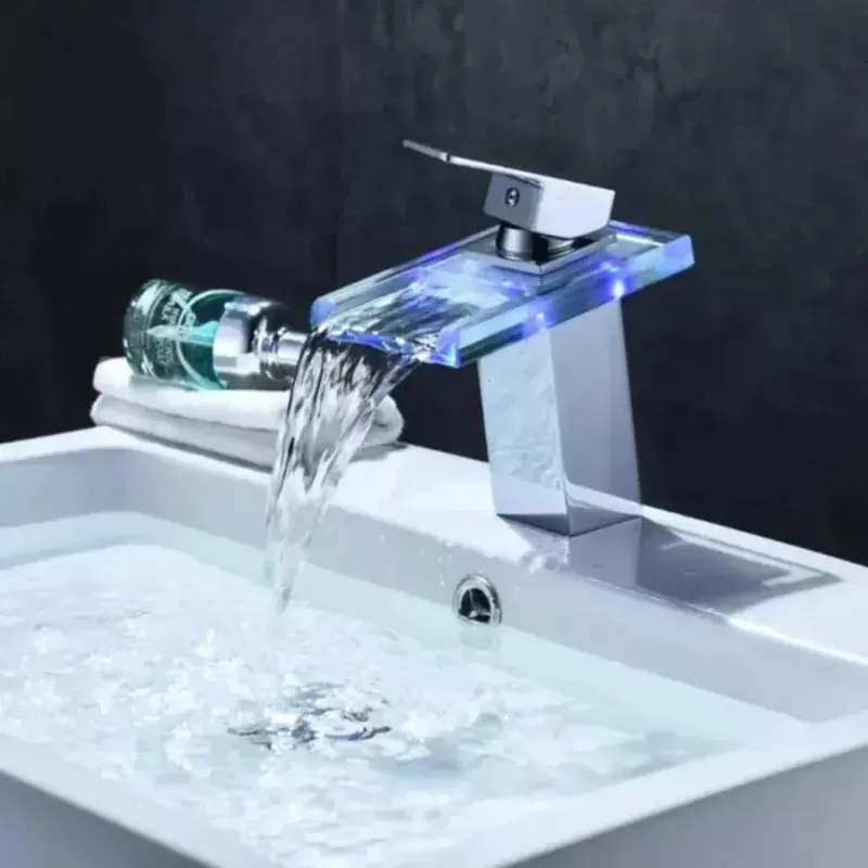 Baterie Lavoar, Aliaj si Sticla, Crom, Lumina RGB, Schimbare de culoare in functie de temperatura apei, OD3008