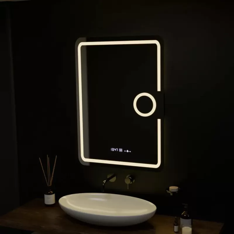 Oglinda LED Rectangulara, 50x70cm, Eclat MotionGlow Marcello, Sistem Dezaburire, Ceas & Termometru, Lupa Cosmetica, Dimabila