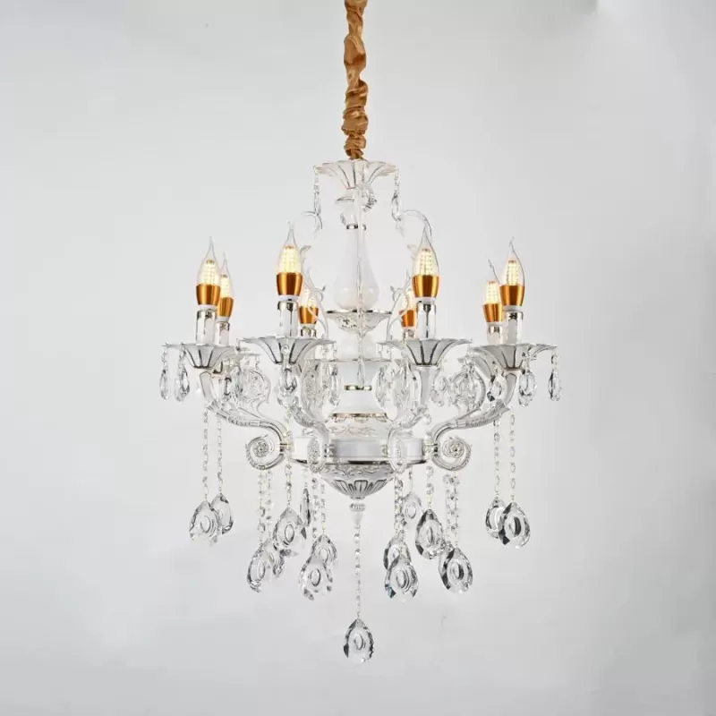 Candelabru Cristal Bruhier 8x E14, Diametru 65cm, Alb cu Auriu, Inaltime Reglabila