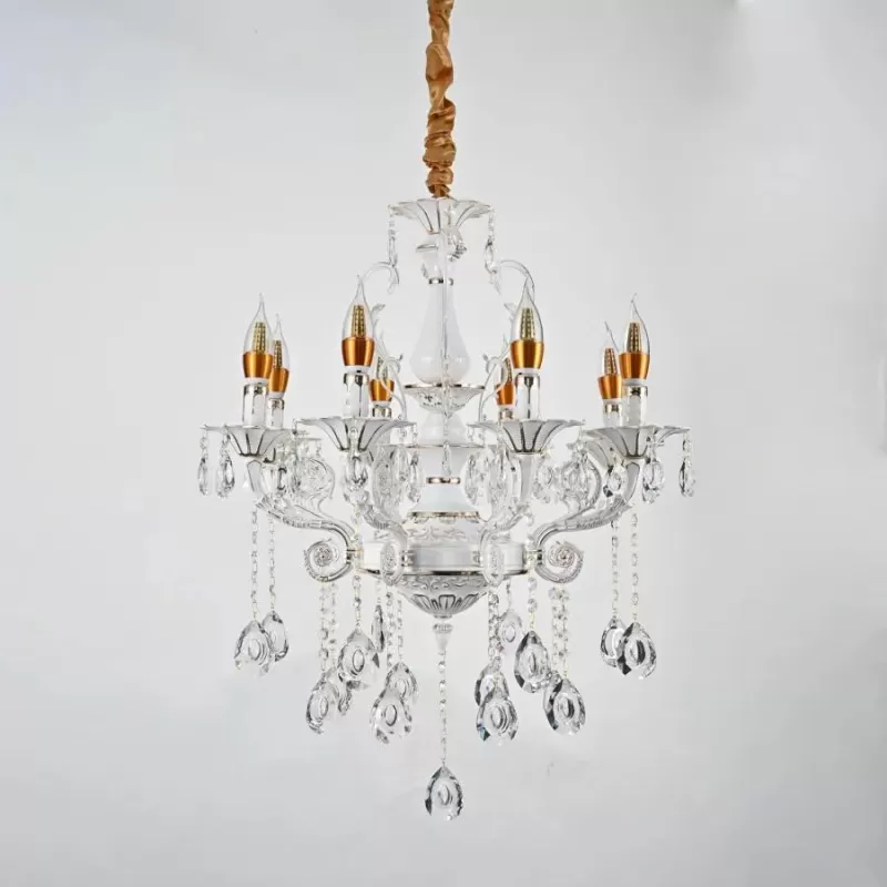 Candelabru Cristal Bruhier 8x E14, Diametru 65cm, Alb cu Auriu, Inaltime Reglabila