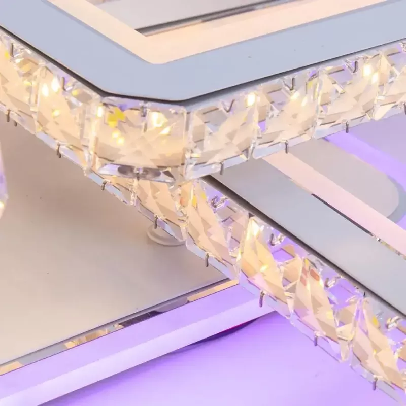 Lustra LED cu telecomanda si cristal LEILA 237W, 8 Patrate, lumina Rece/Calda/Neutra, Dimabila, Alb Crom Lucios