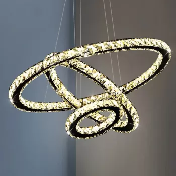 Lustra LED suspendata cu telecomanda si cristal PRISM LUMINIS 78W, 3 Cercuri, lumina Rece/Calda/Neutra, Dimabila, Argintiu, Inaltime Reglabila