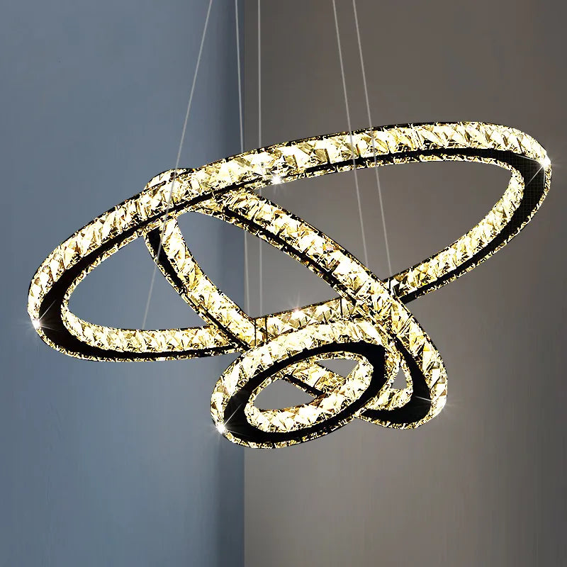 Lustra LED suspendata cu telecomanda si cristal PRISM LUMINIS 78W, 3 Cercuri, lumina Rece/Calda/Neutra, Dimabila, Argintiu, Inaltime Reglabila