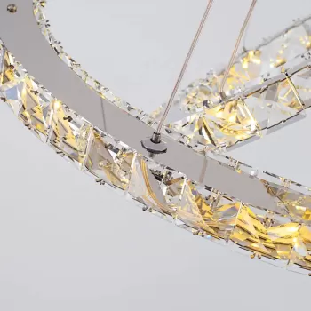 Lustra LED suspendata cu telecomanda si cristal PRISM LUMINIS 78W, 3 Cercuri, lumina Rece/Calda/Neutra, Dimabila, Argintiu, Inaltime Reglabila