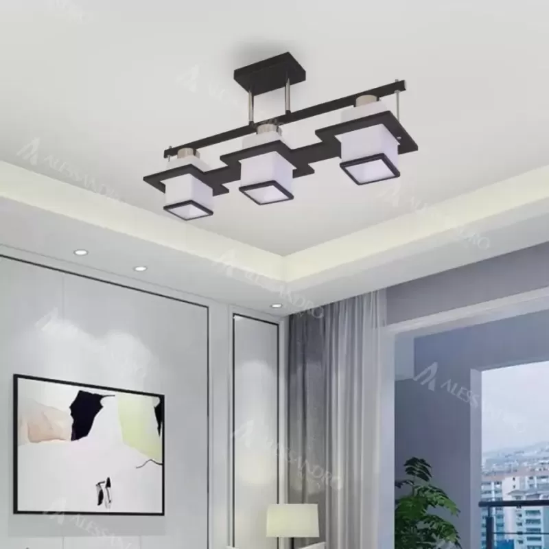 Lustra Clasica Aramis cu Lemn Abajur Patrat 3 X Dulie E27 Alb Negru