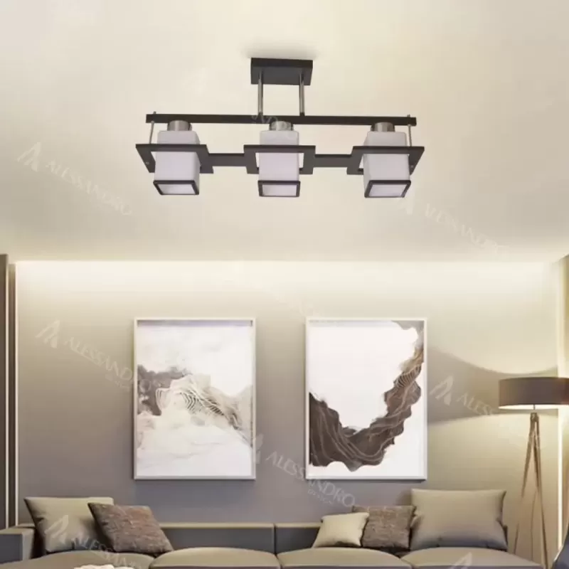 Lustra Clasica Aramis cu Lemn Abajur Patrat 3 X Dulie E27 Alb Negru