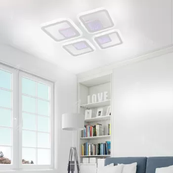 Lustra LED cu telecomanda CHAI 3D 104W, 4 Patrate, lumina Rece/Calda/Neutra, Dimabila, Alb