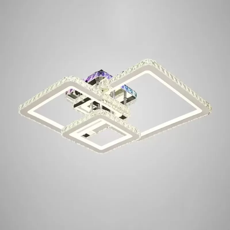 Lustra LED cu telecomanda si cristal JUSTIN RGB 106W, 3 Patrate, lumina Rece/Calda/Neutra, Dimabila, Crom Lucios