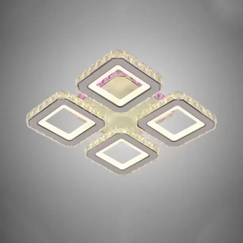 Lustra LED cu telecomanda si cristal BLAKELY RGB 74W, 4 Patrate, lumina Rece/Calda/Neutra, Dimabila, Alb