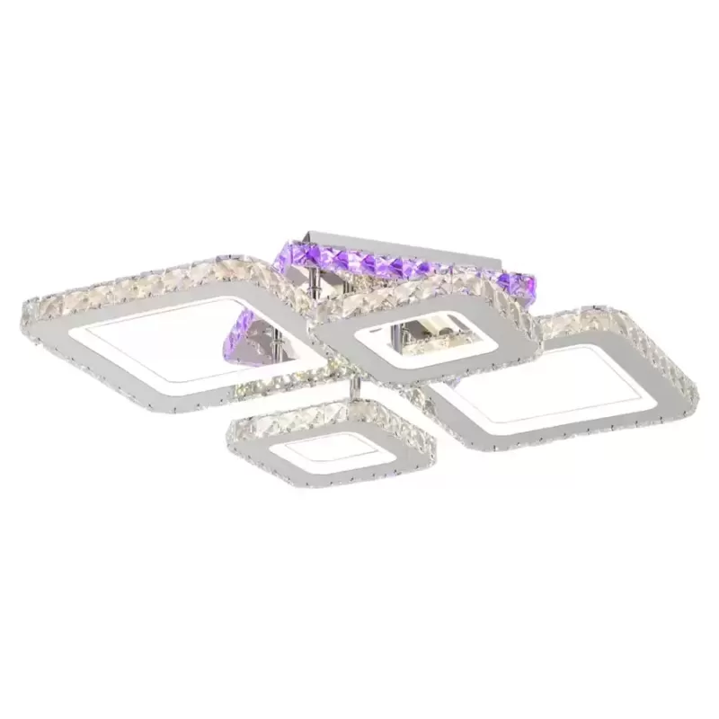 Lustra LED cu telecomanda si cristal NOVA RHOMBA RGB 60W, 4 Patrate, lumina Rece/Calda/Neutra, Dimabila, Crom Lucios