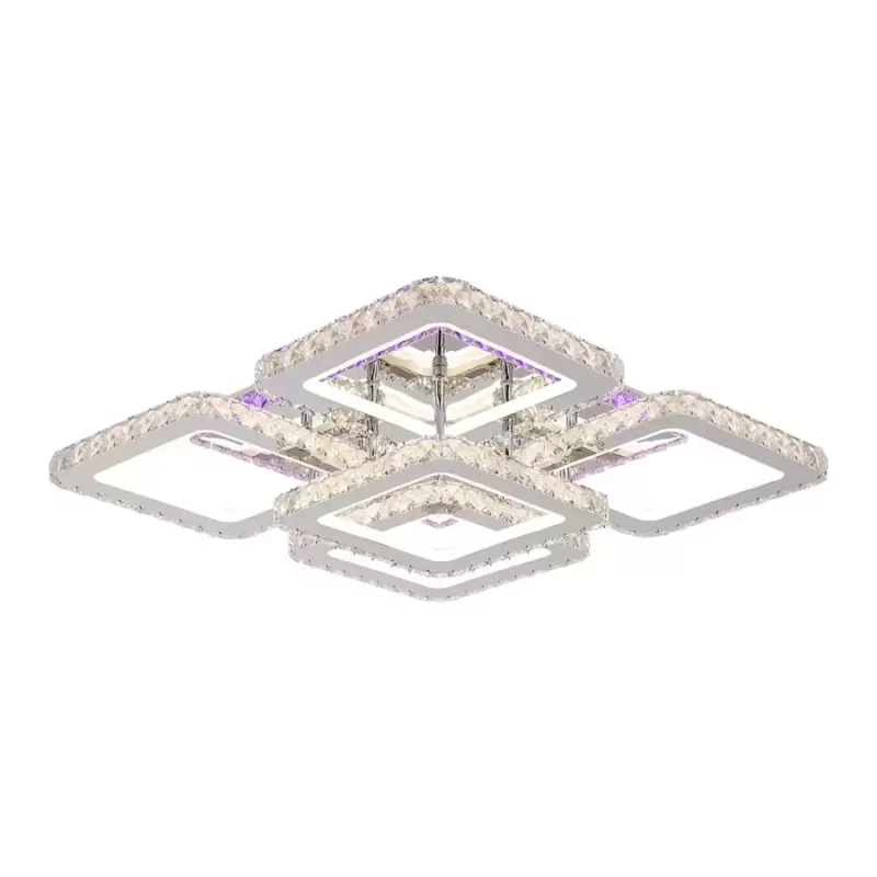 Lustra LED cu telecomanda cu cristal QUADRIA SUPREMO RGB, 148W, 5 Patrate, lumina Rece/Calda/Neutra, Dimabila, Crom Lucios