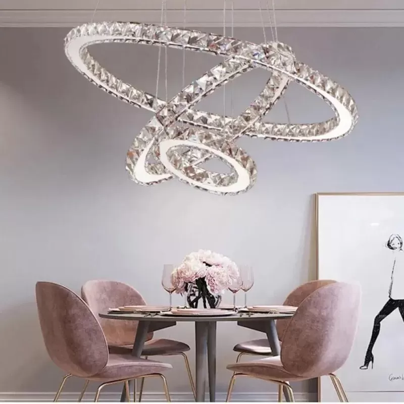 Lustra LED suspendata cu telecomanda si cristal PRISM LUMINIS 78W, 3 Cercuri, lumina Rece/Calda/Neutra, Dimabila, Argintiu, Inaltime Reglabila