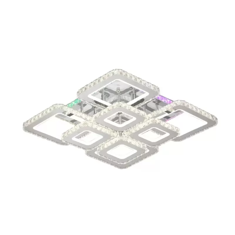 Lustra LED cu telecomanda si cristal QUADRIA SUPREMO RGB 198W, 8 Patrate, lumina Rece/Calda/Neutra, Dimabila, Crom Lucios