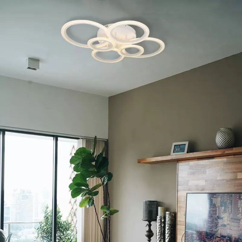 Lustra LED cu telecomanda BETTY 82W, 6 Cercuri, lumina Rece/Calda/Neutra, Dimabila, Alb