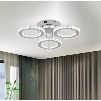 Lustra LED cu telecomanda si cristal ALANUBIS 37W, 3 Cercuri, lumina Rece/Calda/Neutra, Dimabila, Crom Lucios