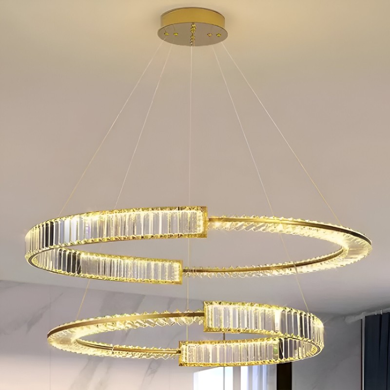 Lustra LED suspendata cu telecomanda si cristal PRISM REGAL 200W, 2 Cercuri, lumina Rece/Calda/Neutra, Dimabila, Auriu, Inaltime Reglabila