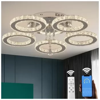 Lustra LED cu telecomanda si cristal ALANUBIS 61W, 5 Cercuri, lumina Rece/Calda/Neutra, Dimabila, Crom Lucios