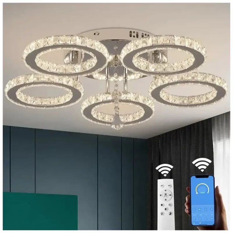 Lustra LED cu telecomanda si cristal ALANUBIS 61W, 5 Cercuri, lumina Rece/Calda/Neutra, Dimabila, Crom Lucios