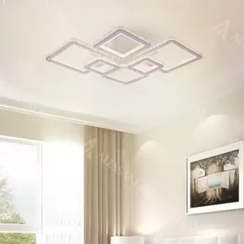 Lustra LED cu telecomanda si cristal QUADRIS RGB 240W, 6 Patrate, lumina Rece/Calda/Neutra, Dimabila, Alb