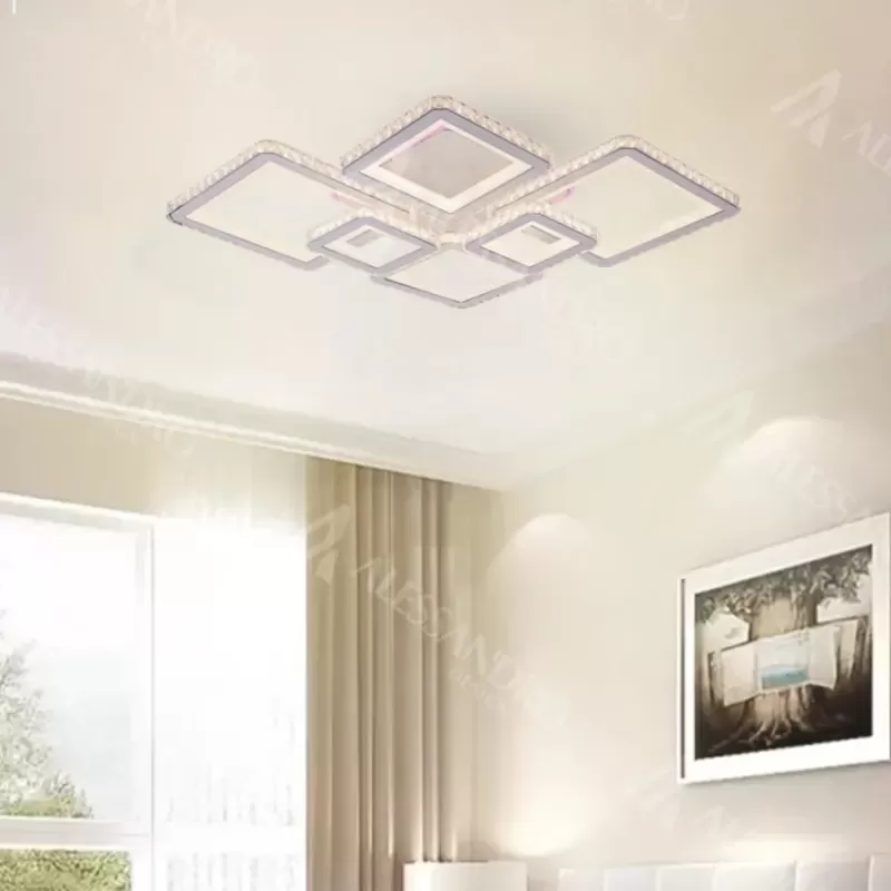 Lustra LED cu telecomanda si cristal QUADRIS RGB 240W, 6 Patrate, lumina Rece/Calda/Neutra, Dimabila, Alb