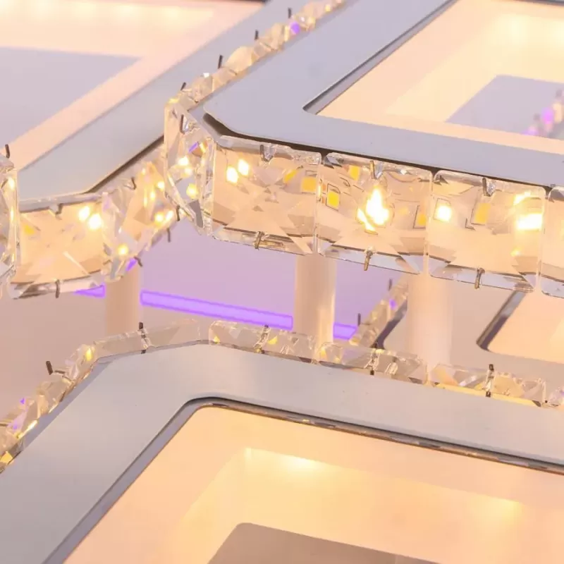 Lustra LED cu telecomanda si cristal QUADRIS RGB 240W, 6 Patrate, lumina Rece/Calda/Neutra, Dimabila, Alb