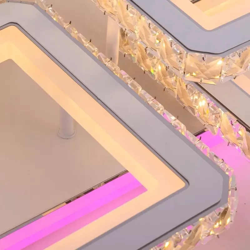 Lustra LED cu telecomanda si cristal QUADRIS RGB 240W, 6 Patrate, lumina Rece/Calda/Neutra, Dimabila, Alb