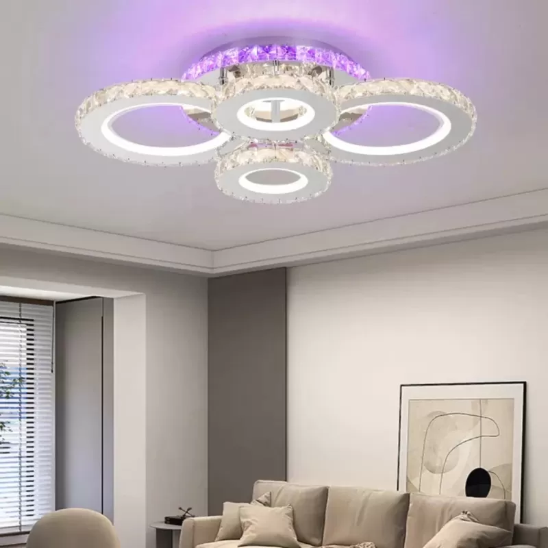 Lustra LED cu telecomanda si cristal NOVA ROTONDA RGB 72W, 4 Cercuri, lumina Rece/Calda/Neutra, Dimabila, Negru